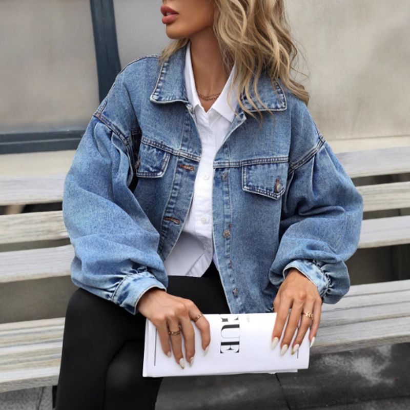 Women's Denim Jackets Long Sleeve Loose Fitted Jean Jacket Coats With Pocket Blue M