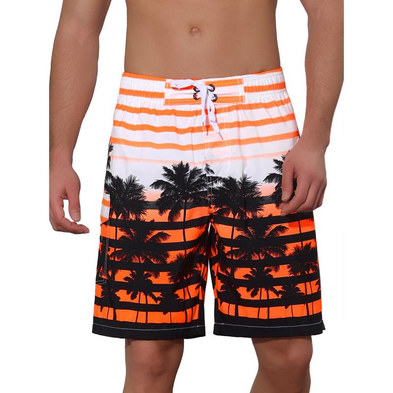 Lars Amadeus Men's Color Block Tropical Trees Printed Striped Beach Shorts Orange 34