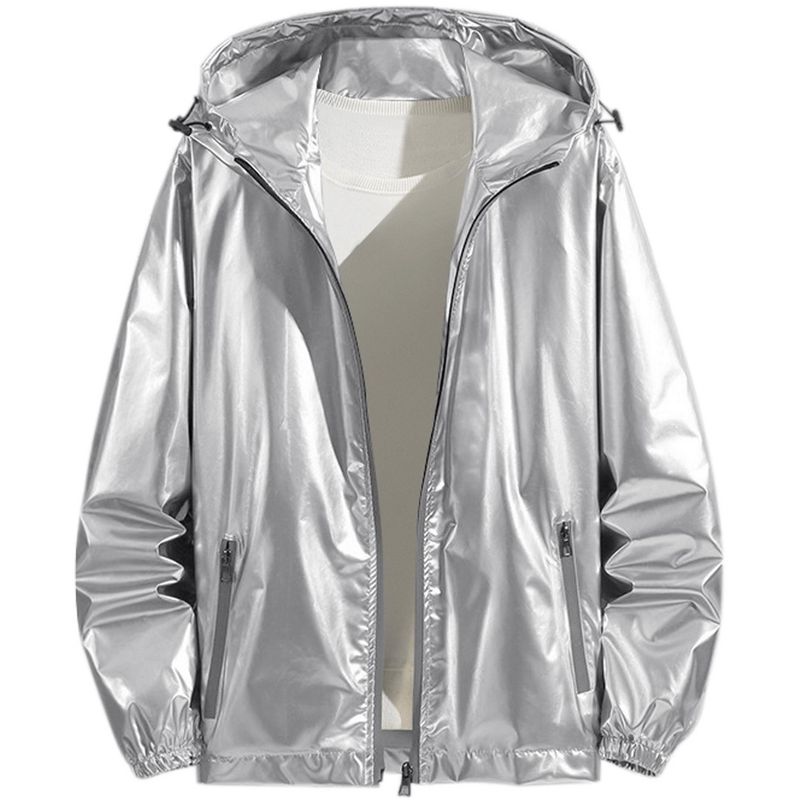 INSPIRE CHIC Men's Solid Zipper Sparkle Shiny Holographic Hooded Metallic Jacket Silver Large