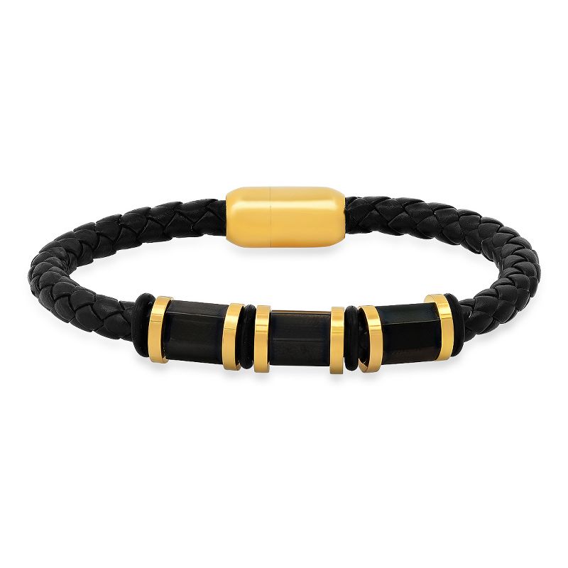 Steeltime Men's black braided leather, 18k gold plated beads and black simulated onyx bracelet