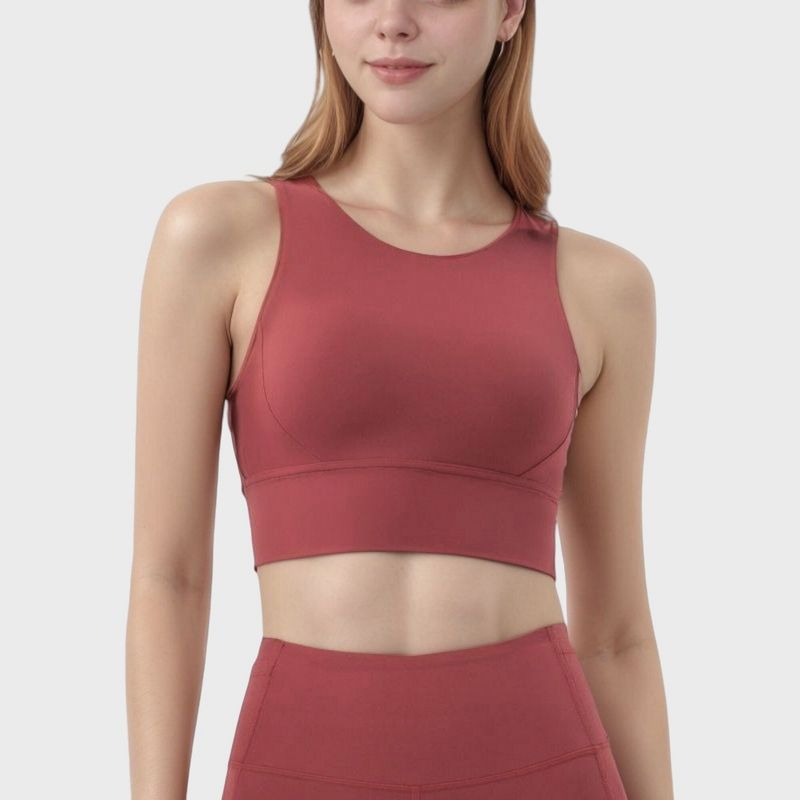 Anna-Kaci Active Women's High Neck Longline Sports Bra with Wide Straps and Keyhole Back for Stylish Medium Support - Small, Burgundy