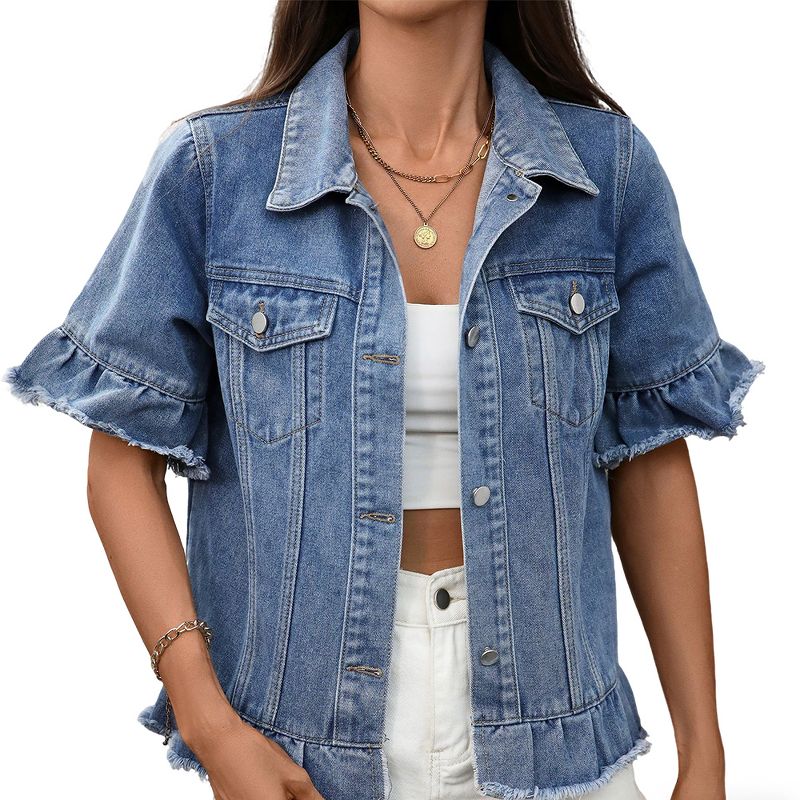 Garvee Women's Denim Jacket Short Sleeve Ruffled Hem Button-Front Lapel Collar Oversized Casual Summer Loose Fit Jacket
