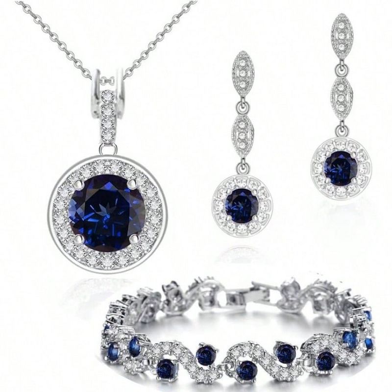 Bridal Jewelry Set: Cubic Zirconia Necklace & Earrings for Bride and Bridesmaid | Wedding Jewelry for Women blue Standard