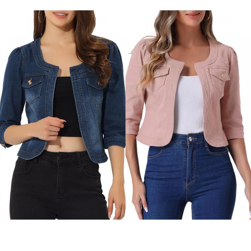 INSPIRE CHIC Women's Collarless Pockets 3/4 Sleeve Crop Denim Jackets 2 Pieces Dark Blue/Pink Large