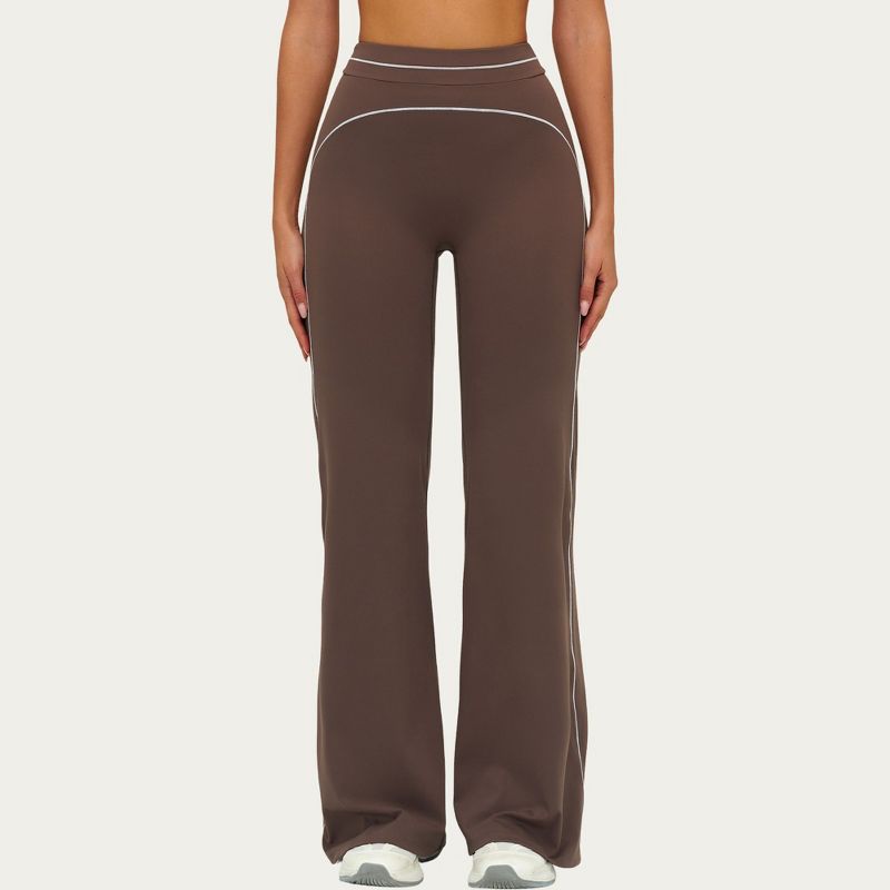 Anna-Kaci Active Women's High Waist Flare Leg Active Pants with Sculpting Fit and Contrast Seam Detailing - Medium, Brown