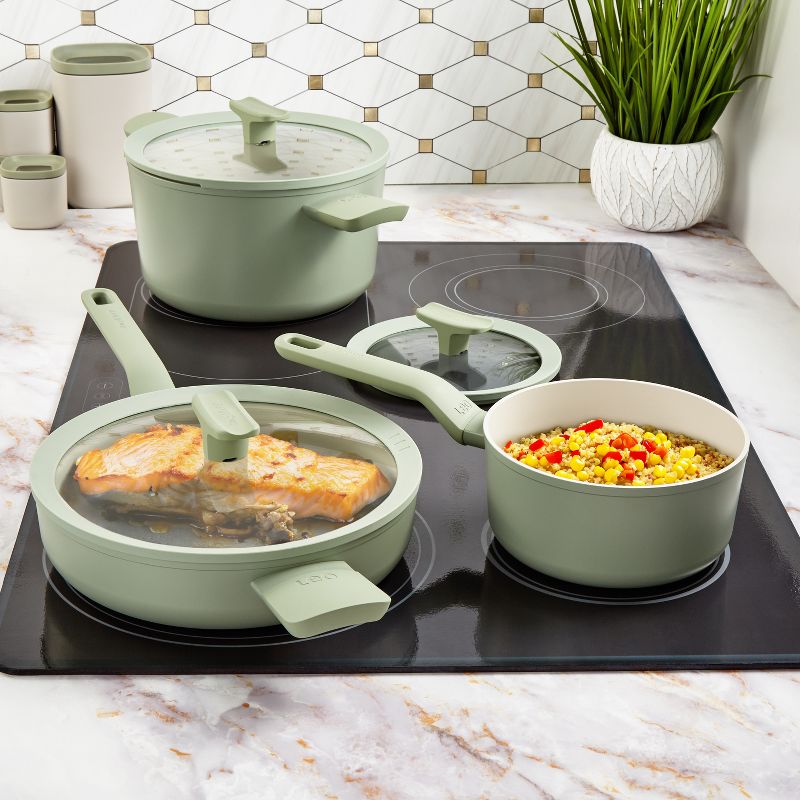BergHOFF Balance 6Pc Non-stick Ceramic Cookware Set With Glass Lid, Recycled Aluminum, Sage