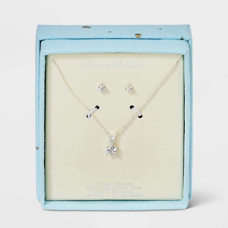 Silver Plated Cubic Zirconia Drop Pendant Necklace and Stud Earring Set 2pc - A New Day™ Silver