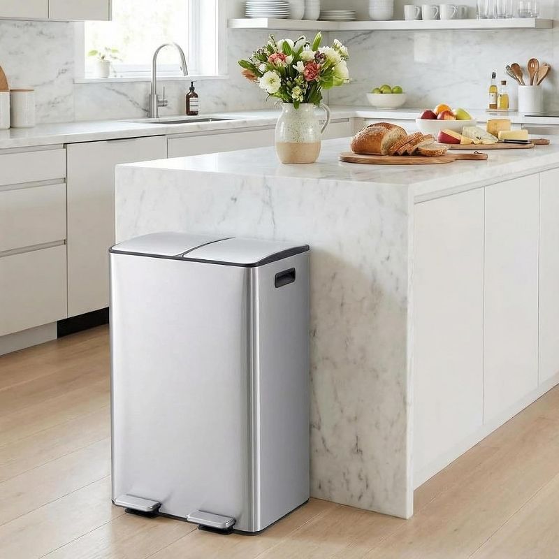 Kitchen Trash Can with Lid, 2 x 8 Gallon Stainless Steel Garbage Can with Recycle Bin, Dual Compartment Trash Bin with Independent Pedals, Silver
