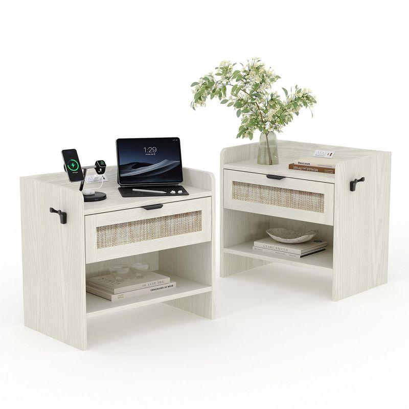 2PCS Wicker Nightstand Set, Boho Bedside Table with Charging Station, Drawer & Open Compartment - Mid-Century Modern Bedroom Furniture
