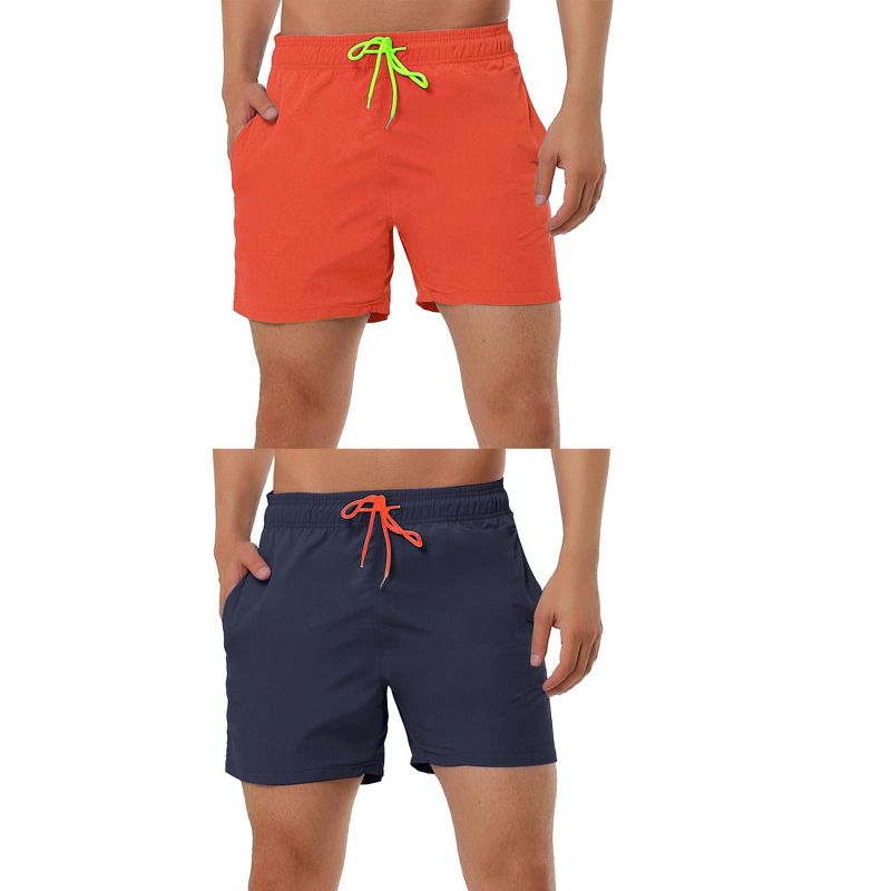 Lars Amadeus Men's Summer Beach Solid Color Mesh Lining Drawstring Waist Swim Shorts 2 Pack Navy Blue/Orange 34