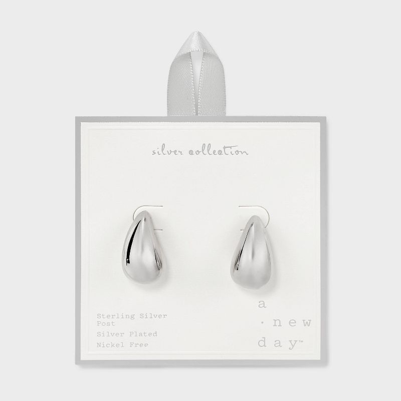 Silver Plated Brass Puff Tapered Hoop Earrings - A New Day™ Silver: Polished Nickel-Free Metal, Sterling Silver, Post Closure