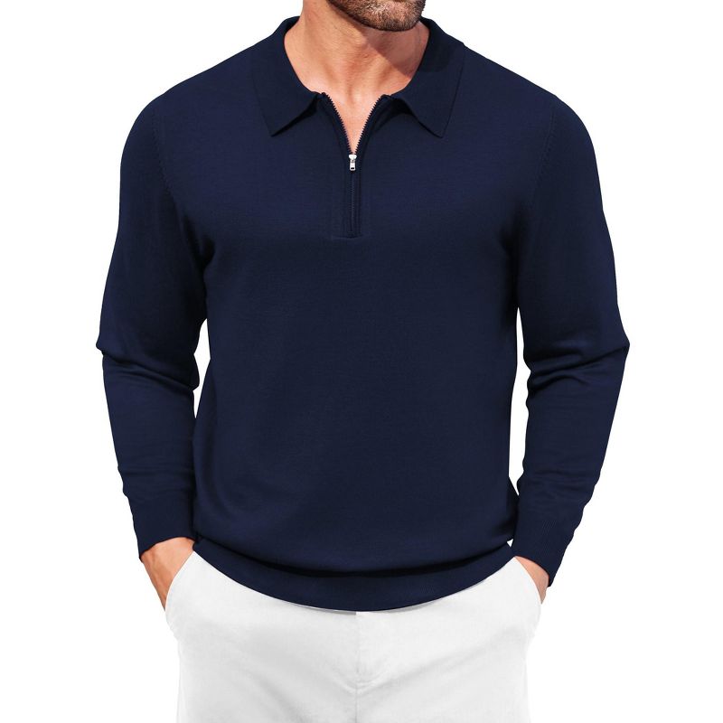 COOFANDY Mens Knit Polo Shirt Quarter Zip Slim Fit Pullover Long Sleeve Sweater Polo Navy Blue S