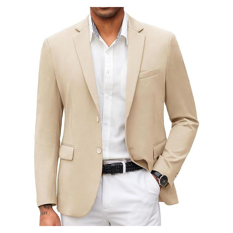 COOFANDY Men's V-Neck Slim Fit Blazer with Button Pockets Light Khaki S
