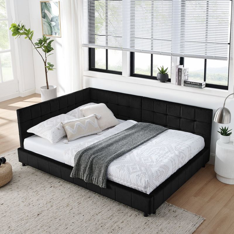 Sapphtopaz Full Size Sofa Bed Frame with Comfortable Backrest, Velvet Full Size Bed for Bedroom, Bedroom Furniture, No Box Spring Needed, Black