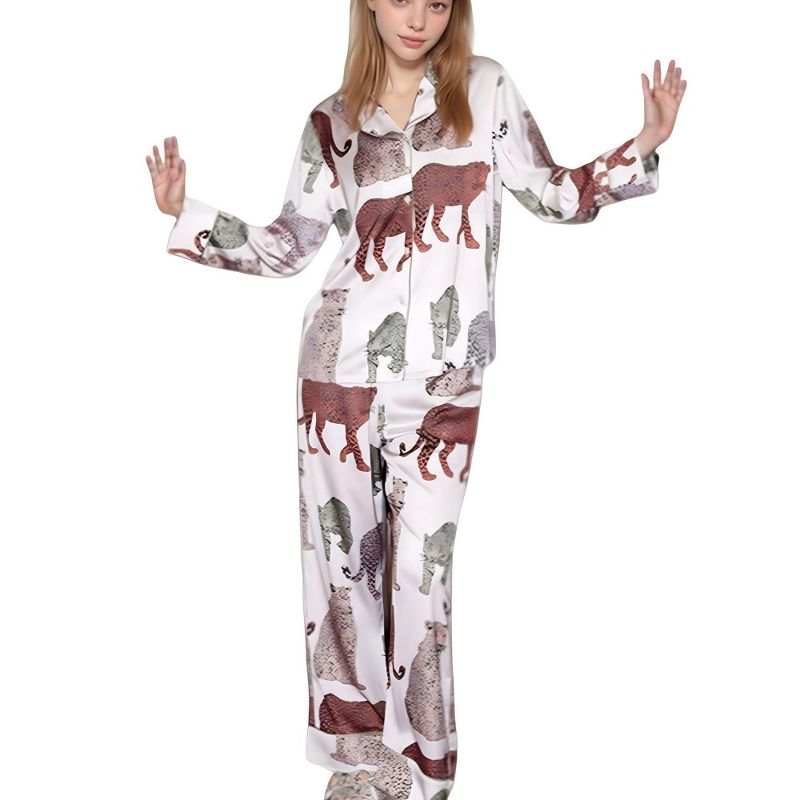 Anna-Kaci Lounge Women's Multicolored Leopard Print Pajama Set with Long Sleeve Notch Collar Top and Relaxed Straight Leg Bottoms - Medium, White