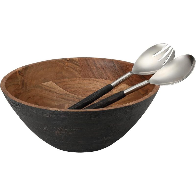 Folkulture 12"x5" Acacia Wood Salad Bowl with Matching Tongs | Wooden Mixing & Serving Bowl | Wedding Registry & Kitchen Decor, Black