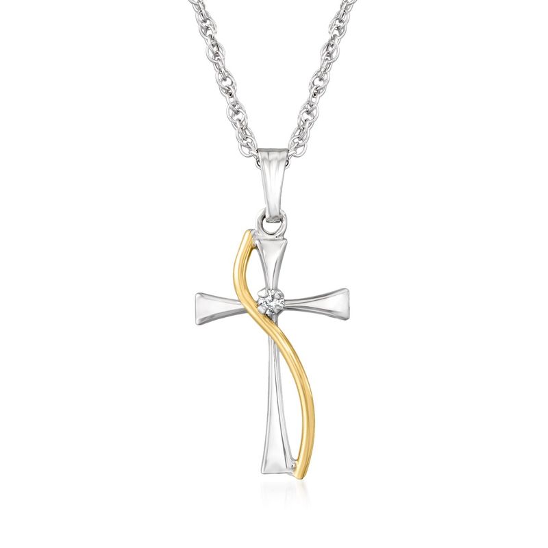 Ross-Simons Sterling Silver and 14kt Yellow Gold Cross Pendant Necklace With Diamond Accent Size 20