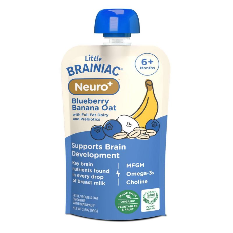 Brainiac Kids Little Brainiac Neuro+ Oats Prebiotics Baby Food Pouch with Omega 3s - Blueberry Banana Oat - 3.5oz