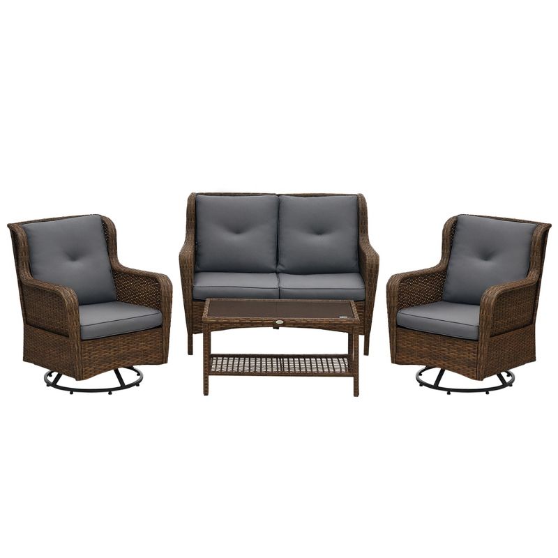 4 Piece PE Rattan Outdoor Patio Furniture Set, Wicker Conversation Set with 2 Swivel Glider Chairs, 2-Tier Glass Table and Loveseat for Garden