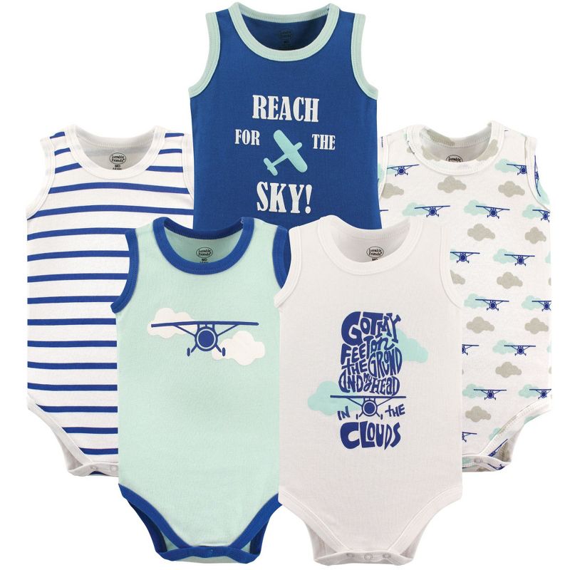 Luvable Friends Baby Boy Cotton Sleeveless Bodysuits 5pk, Airplane, 0-3 Months