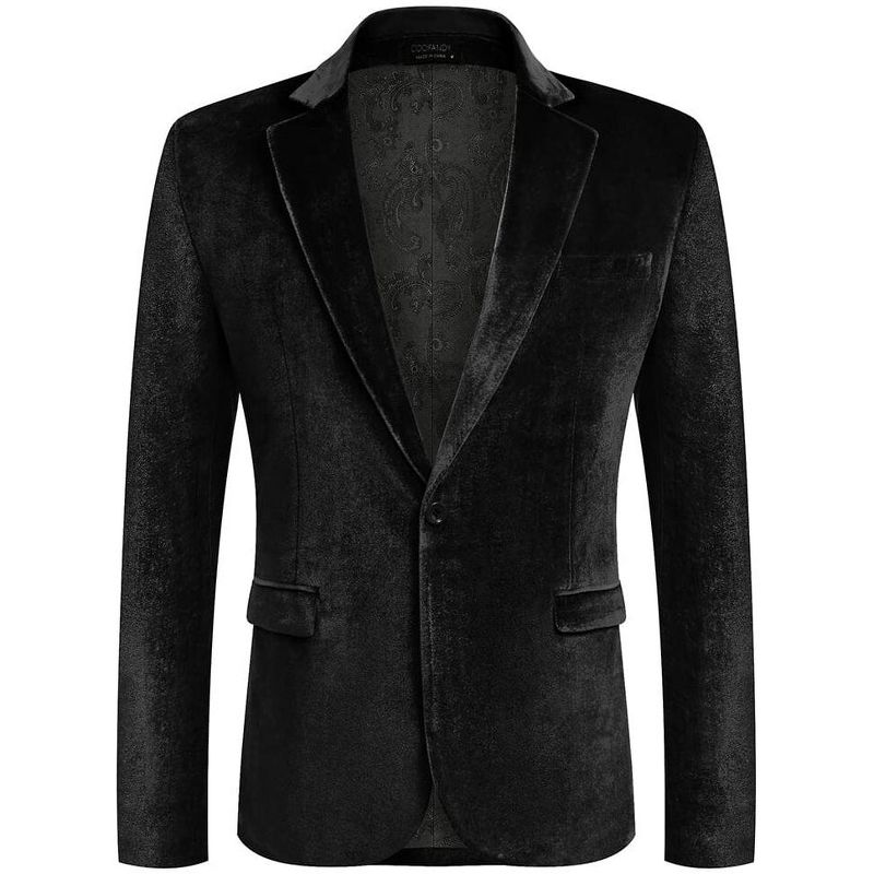 COOFANDY Men's Velvet Blazer Notched Lapel Velour Suit Jacket One Button Tuxedo Jackets for Wedding Prom Party Dinner Black M