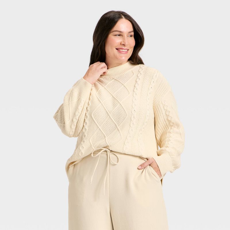 Women's Long Sleeve Cozy Alpine Cable Knit Crewneck Pullover Sweater - Universal Thread™ Cream 2X