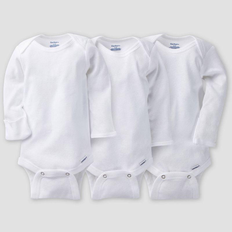 Gerber Baby 3pk Long Sleeve Onesies Bodysuit - White 3-6M: Cotton Crew Neck, Adjustable Snap Closure