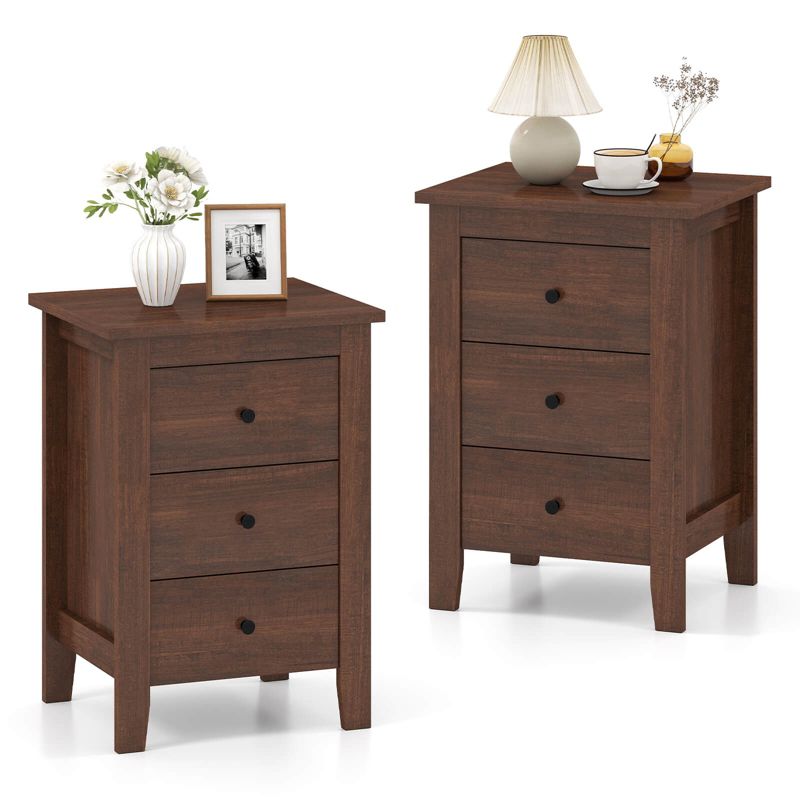 Costway 2 PCS Nightstand End Beside Sofa Table Cabinet with 3 Drawers Bedroom Furniture Brown