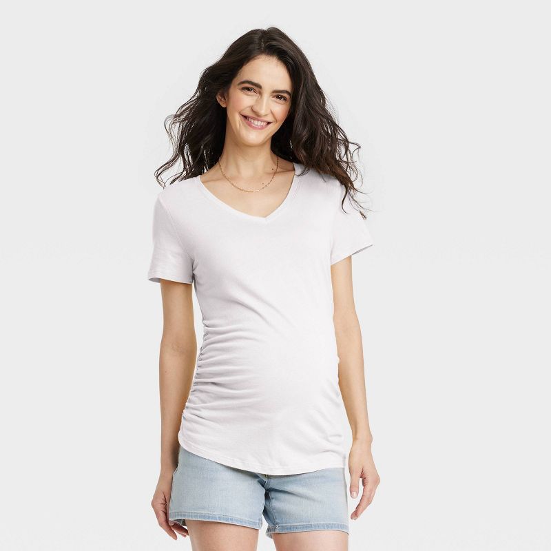 Short Sleeve V-Neck Side Shirred Maternity T-Shirt - Isabel Maternity by Ingrid & Isabel™ White S: Knit Pullover
