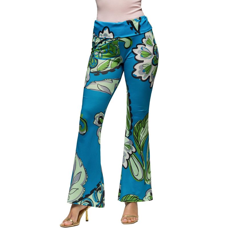 24seven Comfort Apparel Womens Teal Paisley Print Bell Bottom Foldover Waist Pants