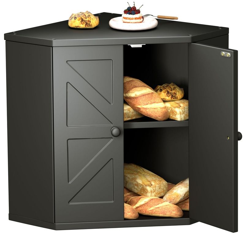 MOEPISY Corner Wooden Bread Box for Kitchen Countertop, Space-Saving Storage for Homemade Bread, Black