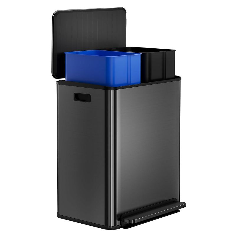 COZONY Dual Compartment Trash Can, 2 x 8 Gallon Stainless Steel Recycling Bin with Soft-Close Lid & Step Pedal