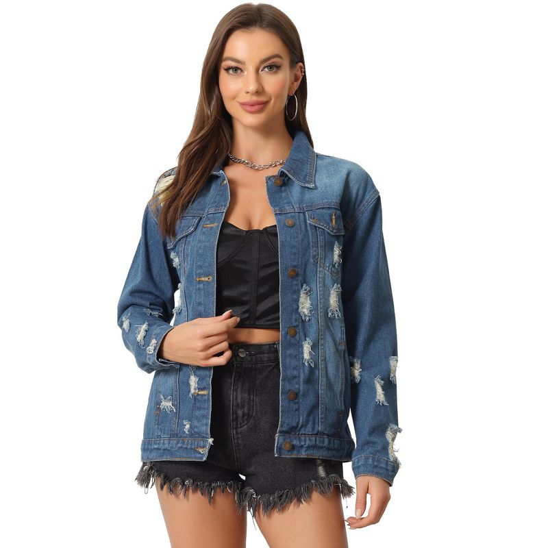 Allegra K Women's Long Sleeve Ripped Distressed Jean Jackets Blue Small