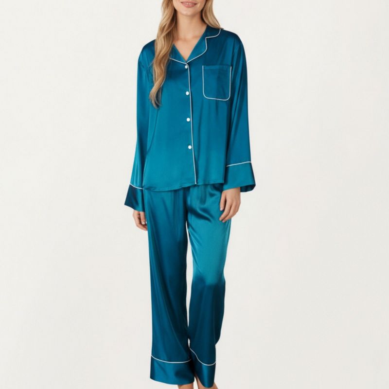 Anna-Kaci Lounge Women's 2-Piece Set Satin Long Sleeve Button-Front Pajama Top and Relaxed Fit Pants - Medium, Teal