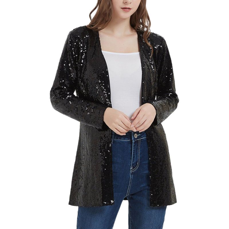 Anna-Kaci Women's Sequin Fashion Jacket Open Front Coat Blazer Party Cocktail Outerwear Cardigan- Medium, Black