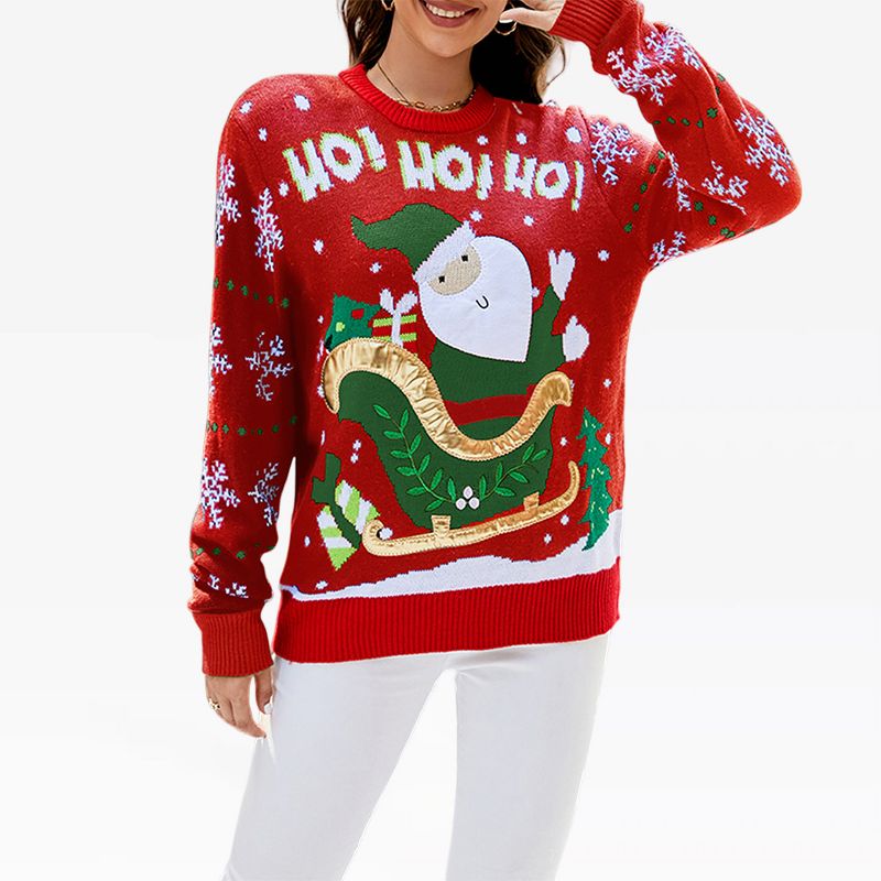 Womens Ugly Christmas Sweater Crew Neck Pullover Sweaters Jacquard Knit Festive Pattern Christmas Sweater Ho Ho Ho Santa Sweater, Red - 2XL