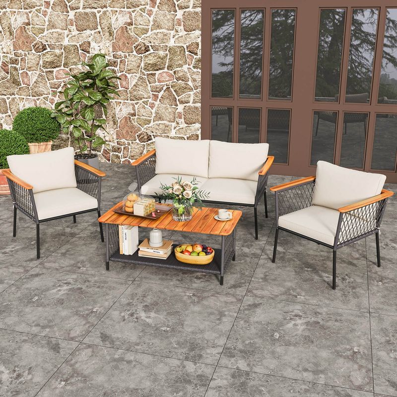 Costway 4 PCS Patio Furniture Set with 2-Tier Coffee Table Acacia Wood Armrests Tabletop