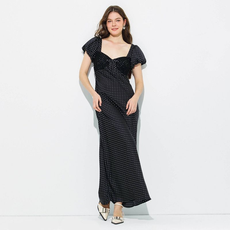Women's Puff Short Sleeve Lace Panel Maxi Dress - Wild Fable™ Black Polka Dots XS
