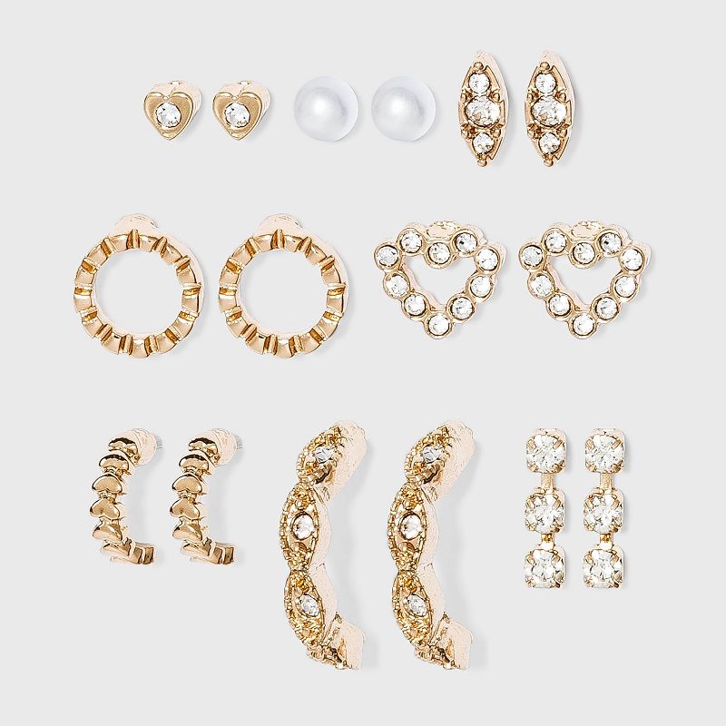Crystal Glass Pearl Stud and Small Hoop Earring Set 8pc - A New Day™ Gold: Nickel-Free Metal, Post Closure