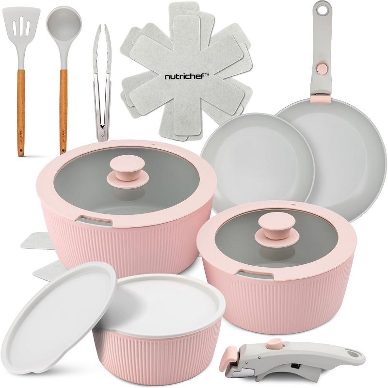 NutriChef 18-Piece Stylish Kitchen Cookware Set – Ceramic Nonstick Pots & Pans with Detachable Handles (Pink)