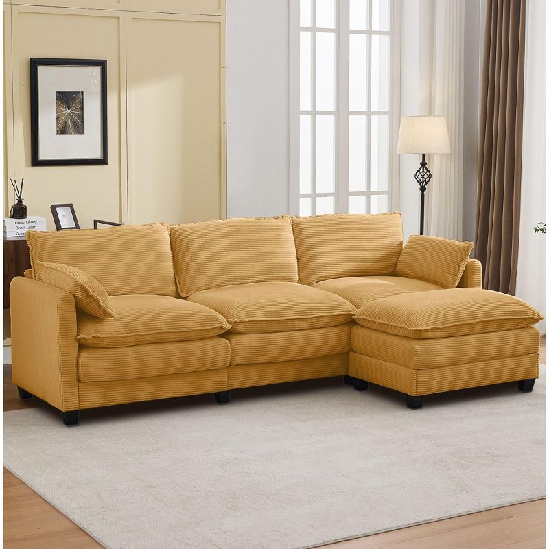Hyleory Corduroy L-Shaped Sectional Sofa, 3-Seater Couch with Movable Ottoman, Modular Living Room Furniture for Apartments