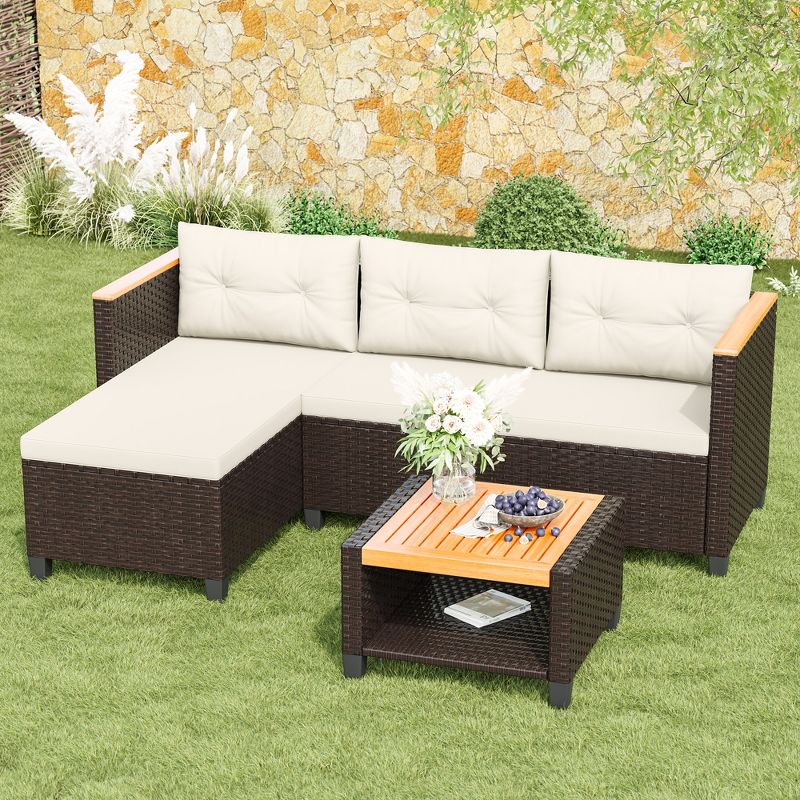 Heynemo 4-Seat Patio Furniture Set, L Shape Outdoor Couch with Storage Table, PE Rattan Outdoor Sectional with Cushions, Beige