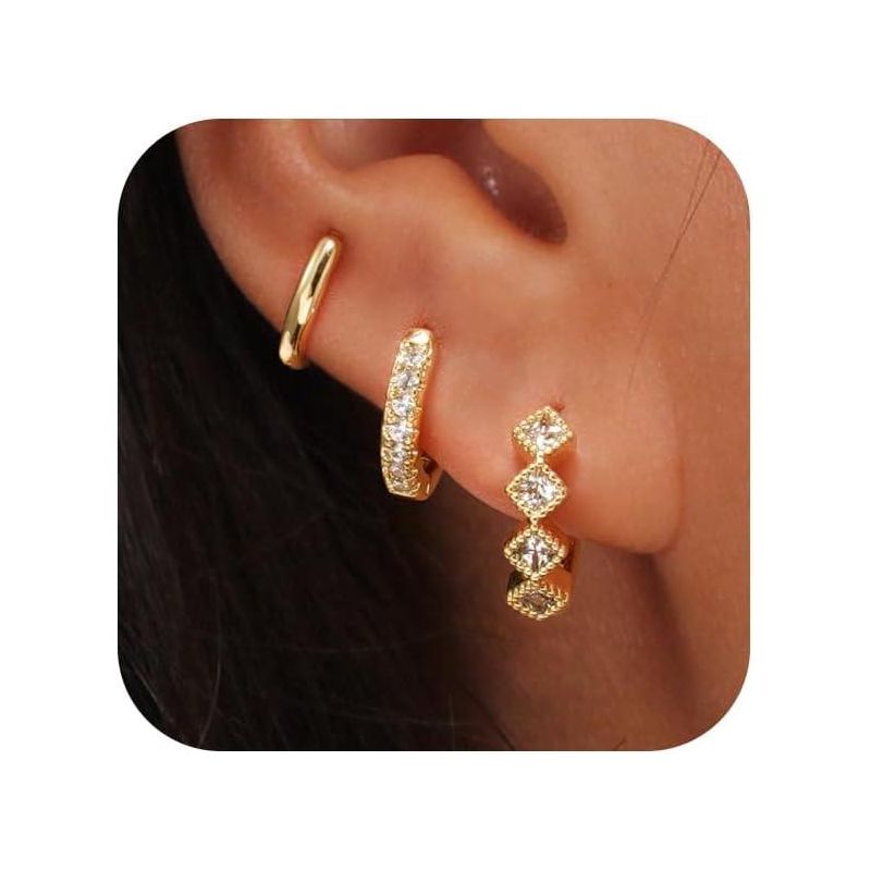 SmallRig 14K Gold Plated Hoop Earrings Set - Chunky Cubic Zirconia Cartilage Hoops, Hypoallergenic Dangle Stud Jewelry Gift