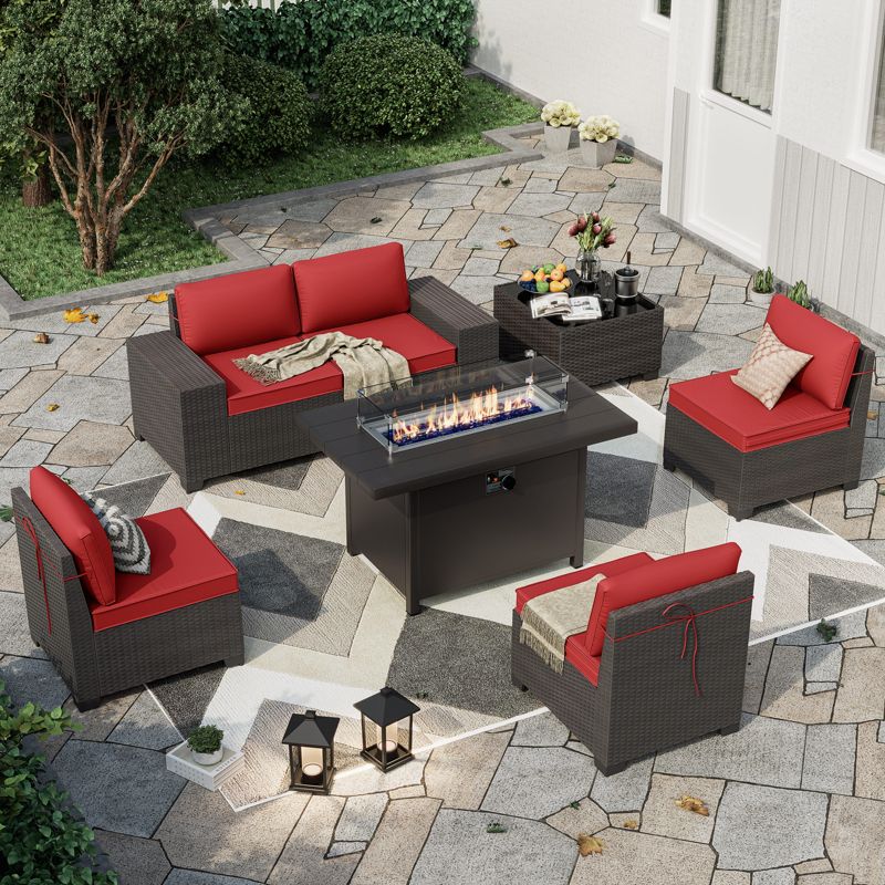 ALAULM 7 Pieces Patio Furniture Set, Rattan Wicker Outdoor Conversation Sets, Furniture Sofa Set w/45“ Metal Propane Fire Pit Table(Red)