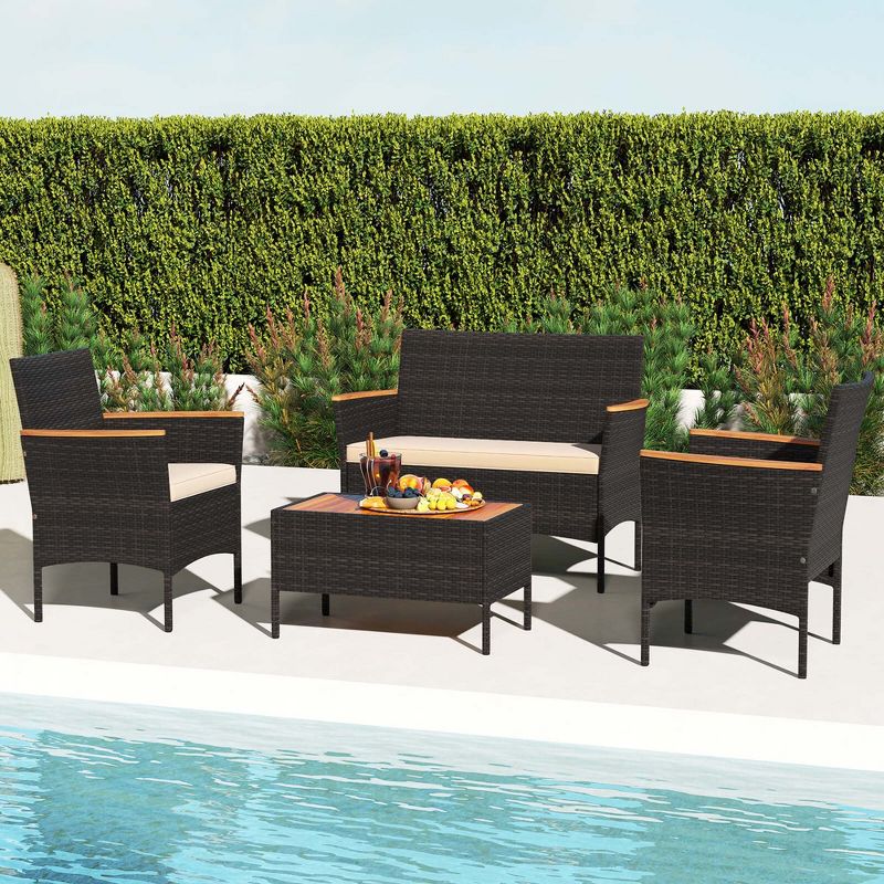 Costway 4 PCS Patio Wicker Sofa Set with Coffee Table Acacia Wood Armrests & Tabletop