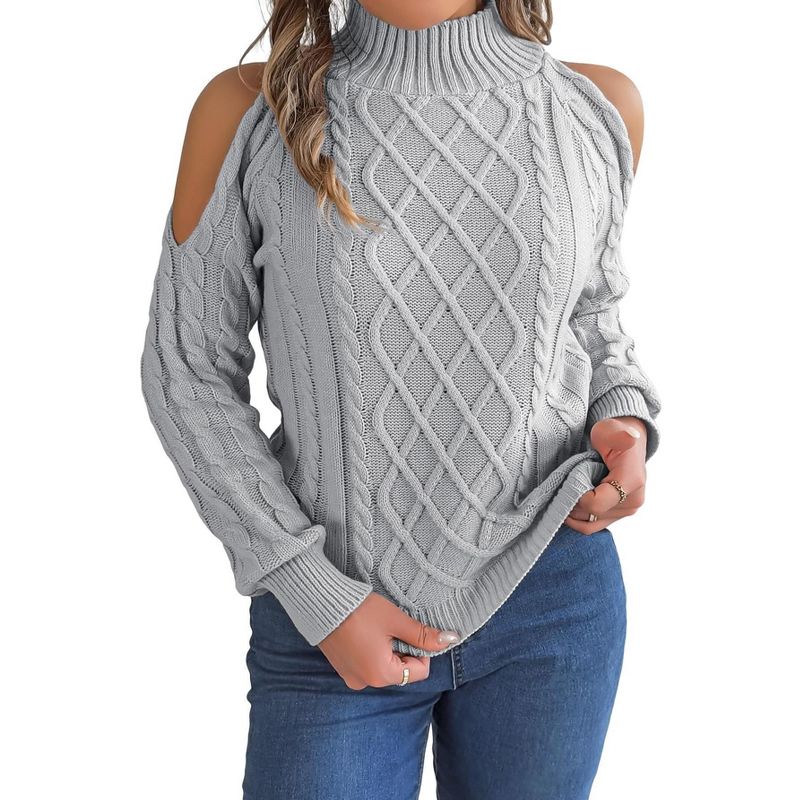 Clearlove Women's Off The Shoulder Sweater Cable Knit Long Sleeve Ribbed Fall Going Out Sweater Pullover - Grey,X Large