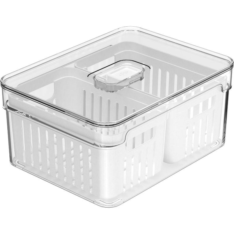 OU Fridge Organizer Bin with Drain Baskets & Vented Lid, 2.3qt Clear Stackable Refrigerator Storage Bin, Produce Kitchen Storage Container, BPA Free