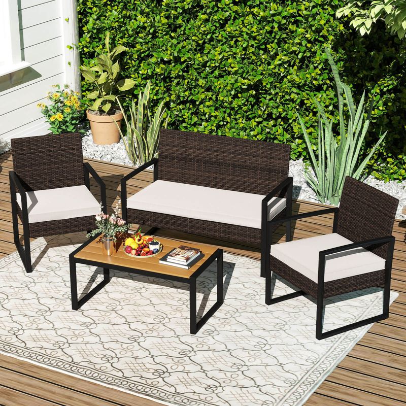 Costway 4 Piece Patio Furniture Set with Cushioned Chairs & Wood Plastic Coffee Table