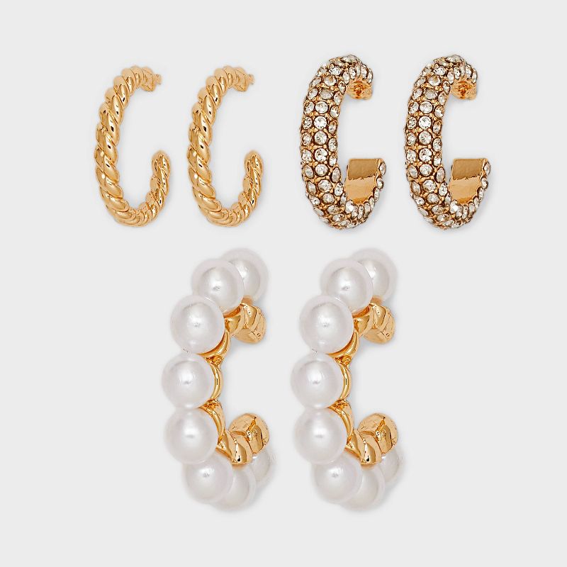 Gold Hoop Stone Pearl Earring Set 3pc - A New Day™ Gold: Nickel-Free, Hypoallergenic, Post Closure