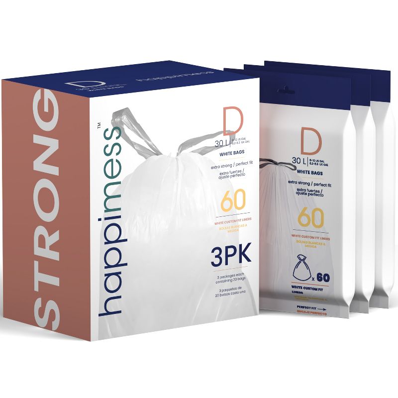 happimess 8-Gallon (30L) Drawstring Unscented Slim Trash Can Liner, White (60-Count, 3-Packs of 20 Liners)